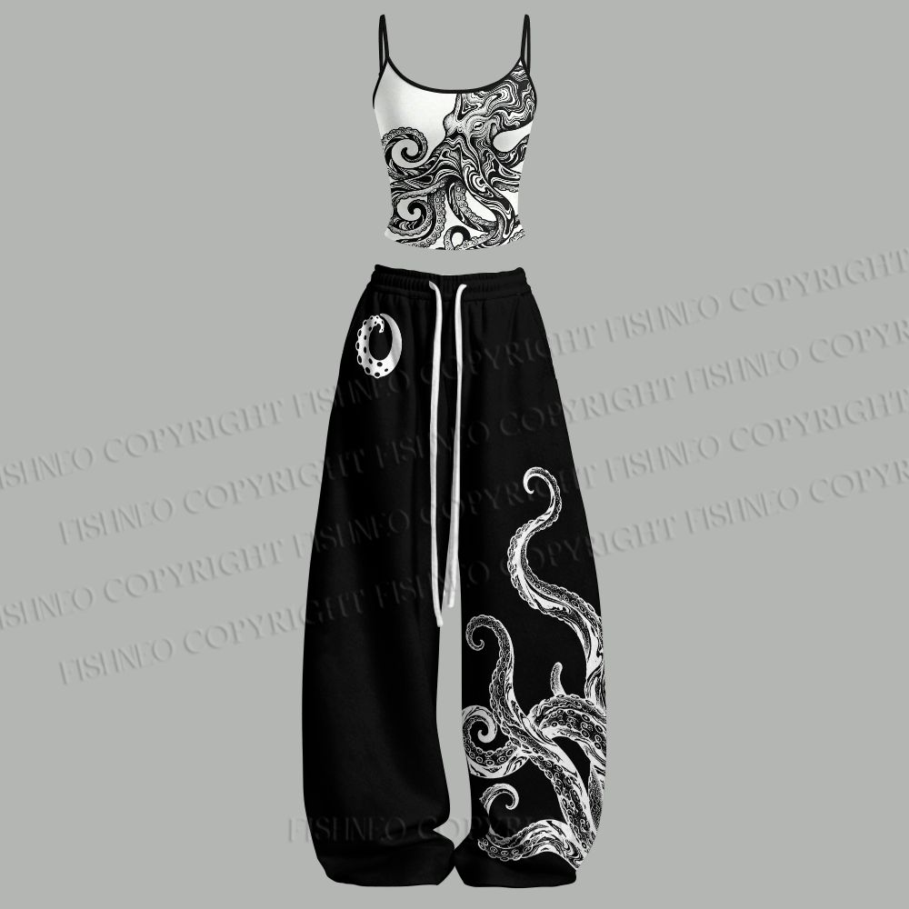 Yoga Fitness Women - Schwarz-weißes Oktopus-Top mit elastischen Hosen, zweiteiliges